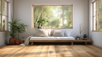 Aesthetic minimalist composition of japandi living room interior. Long wooden bench with cushions, decorative vases, exotic plants in floor pots, wooden floor, large windows. Home decor. Template.