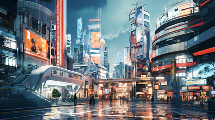 Naklejka premium Futuristic City Scape in Osaka Wide Lens