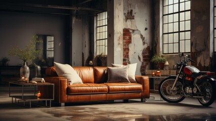 Loft style open space living area in luxury studio apartment. Grunge walls, vintage leather sofa and armchair, coffee table, retro motorcycle, large windows. Contemporary home decor concept.