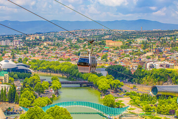 Cable car cabin and arial view of Tbilisi, Georgia