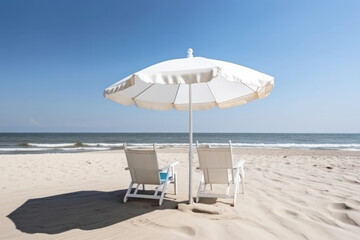 The perfect spot for relaxation, two beach chairs and umbrellas await you on the sandy beach with a breathtaking view of the ocean. AI Generative