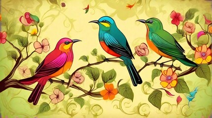 Three birds on a tree branch surrounded by flowers and leaves.