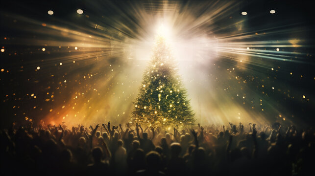 blur crowd celebrate with Christmas tree at festive venue background