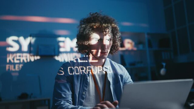 Male IT specialist getting system error message, hacked computer, software bug