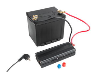 Power inverter connected to a car battery, 12v DC to AC converter 220v, on isolated white