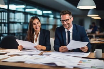 Business woman and man lawyer attorney showing document to man client providing advisory services, professionals discussing tax papers working in office at meeting. Legal consultancy concept.