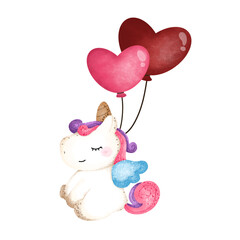 
Cute Unicorn with heart balloon,watercolor,animal,cartoon character,cute,icon ,vector, illustration,hand drawn