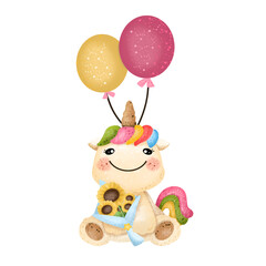 Fototapeta premium Happy Unicorn with balloon,watercolor,animal,cartoon character,cute,icon ,vector, illustration,hand drawn