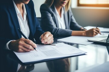 Business woman and man lawyer attorney showing document to man client providing advisory services, professionals discussing tax papers working in office at meeting. Legal consultancy concept.