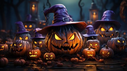 Spooky Halloween Cartoon. Dark Sky-blue and Light Purple Theme.