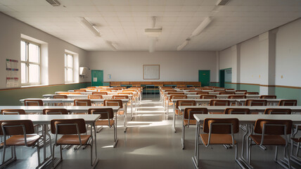 An image of a neatly arranged classroom with rows of desks and chairs