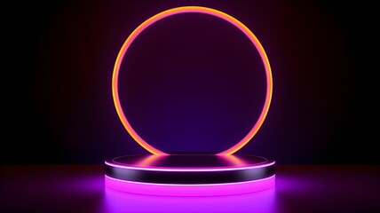 3D neon purple and orange light podium stage for the mega sale special offer for the award or to display your brand. Generative AI.