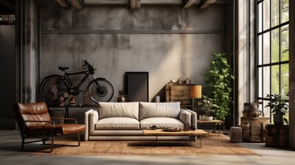 Loft style open space living area in luxury studio apartment. Grunge concrete walls, vintage sofa and armchair, coffee table, retro bicycle, large windows. Contemporary home decor concept.