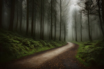 A road in a forest with fog during dusk