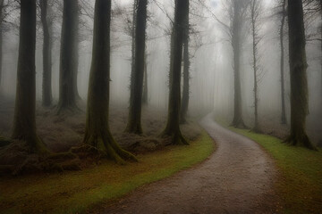 Naklejka premium Road in twilight forest with mystical fog