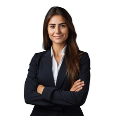 A happy professional woman posing confidently with arms crossed alone on a transparent background - obrazy, fototapety, plakaty