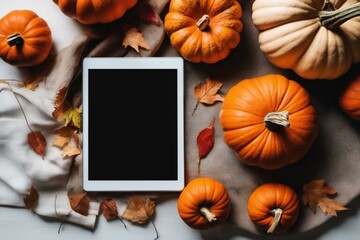 Realistic screen mockup of a modern tablet. The tablet lies on the table among orange pumpkins and dry autumn leaves. Cozy autumn atmosphere. On the screen of the gadget, you can place your design.