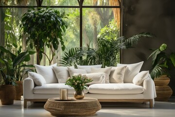 Living room interior with beautiful different potted green plants and furniture near large panoramic window. House decor