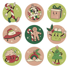 Groovy vector set of cartoon round stickers with christmas characters and decorations