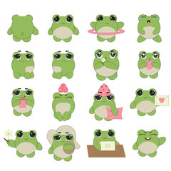 Obraz premium Cute emoticons character cartoon frog stickers emoticons with different emotions. Green frog. Vector illustration