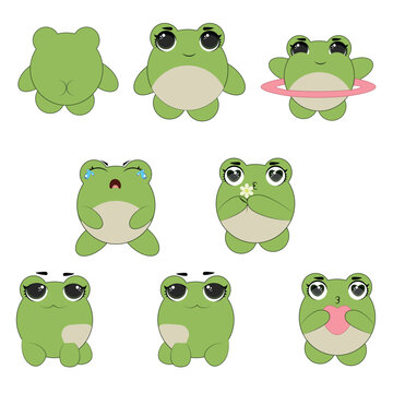 Naklejki Cute emoticons character cartoon frog stickers emoticons with different emotions. Green frog. Vector illustration