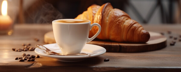Croissand and coffee breakfast on a table with morning light, AI geneated image
