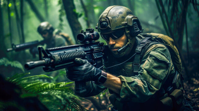 Military Combat in the Jungle A Group of Armed Soldiers in Action AI Generated