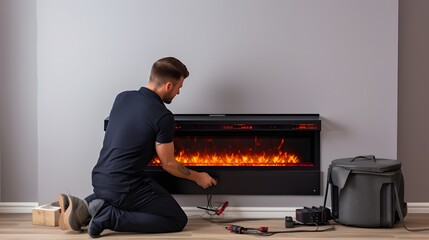 Service technician working on a fireplace
