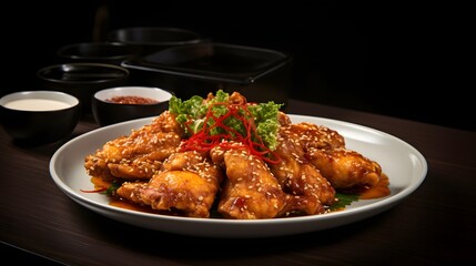 Fototapeta premium Fried chicken wing or Fried chicken on a plate in thai food style