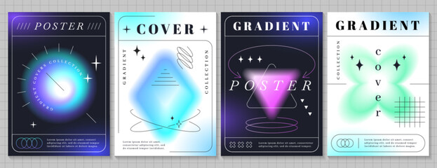 Trendy modern gradient posters with blurred geometric shapes. Blurry aura aesthetic abstract graphic elements collection of different forms. Flyers set of design element with defocus effect