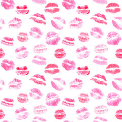 Lip prints, seamless kissing pattern, pink lipstick. Valentine's Day, festive background.