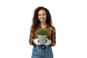 A girl with a flower pot in her hands, isolated on white background