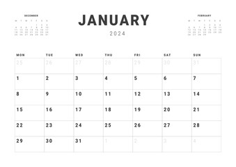 Monthly page Calendar Planner Templates of January 2024. Vector layout of simple calendar with week start Monday for print. Page for size A4 or 21x29.7 cm