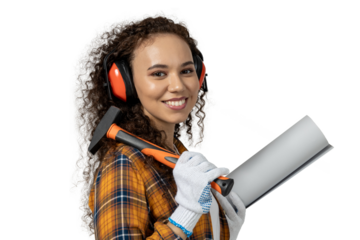 A girl in a construction uniform, isolated on white background