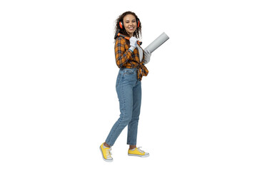 A girl in a construction uniform, isolated on white background