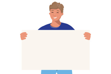 Happy man holding a blank banner. Design for your own text, message, advertisement.