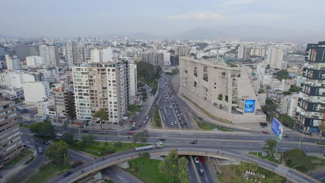 View of Av. Almendariz and Av. Miguel Grau that divide the municipalities of Miraflores and Barranco. Lima