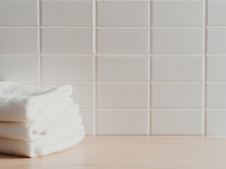 Copy space for bathing products in bathroom, spa shampoo, shower gel, liquid soap