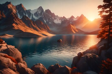 Fototapeta na wymiar Mountains during sunset. Beautiful natural landscape in the summer time 3d render 
