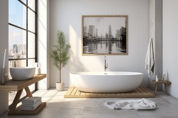 Interior of modern comfortable bathroom in white tones with large window.