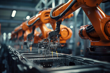 Modern Technology, Evolving Machines Capture close-up shots of robotic arms or machinery in motion, showcasing AI-driven automation. - obrazy, fototapety, plakaty