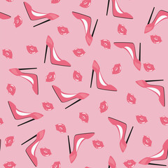 Creative seamless pattern with elegant pink shoes and lips