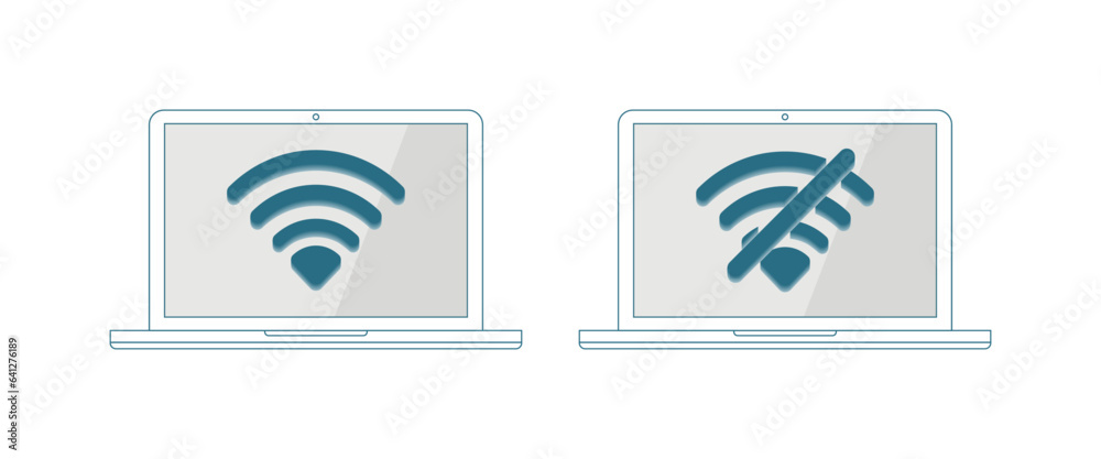 Poster computer and netbook pc flat design with wi-fi and without wi-fi symbol vector illustration. concept