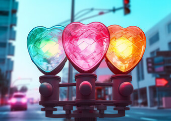 Fototapeta na wymiar Traffic Light with Heart-Shaped Lights in Red, Yellow, Green: The Intersection of Love and Guidance. Valentine's Day 
