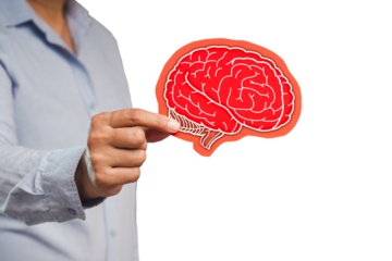 Close-up of hand holding a brain symbol made from red paper while standing on a transparent background.