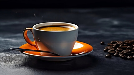 A cup of hot coffee and freshly roasted coffee beans on black background with copy space, close up shot.