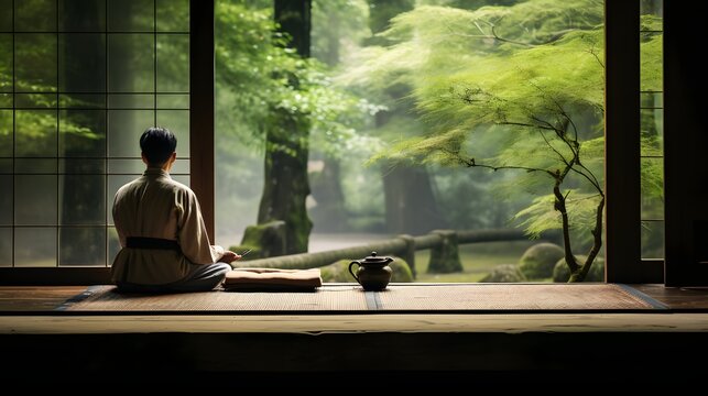 Photo of a person sitting on a mat in front of a windo