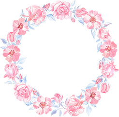 Obraz na płótnie Canvas Wreath of the pink roses with blue leaves painted with watercolors, isolated on transparent. For wedding invitations, mother's day greeting cards, Valentine cards, new born celebration