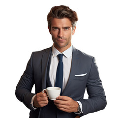 Serious adult businessman holding coffee and smiling at the camera