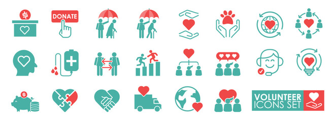 Volunteering icon set. Solid icons vector collection. Help, volunteer, donate, assist, share, and solidarity symbol.